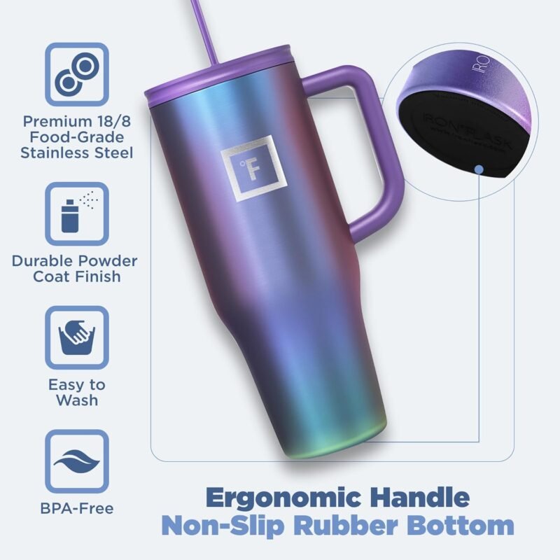 IRON °FLASK Co-Pilot Insulated Mug w/Straw & Flip Cap Lids - Cup Holder Bottle for Hot, Cold Drink - Leak-Proof - Water, Coffee Portable Travel Mug - Aurora, 40 Oz - Image 5