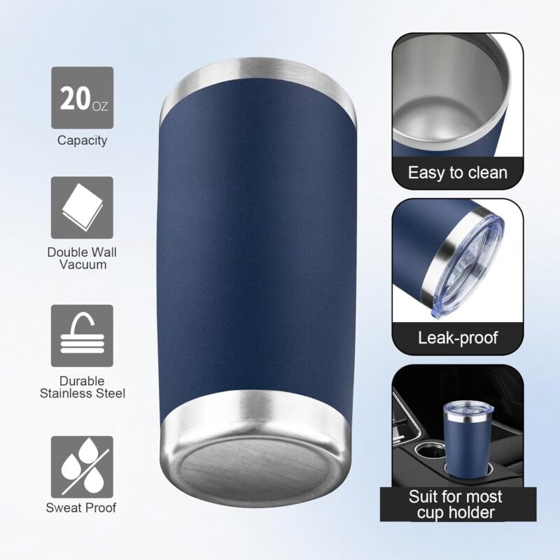 20oz Tumbler with Lid and Straw Double Wall Powder Coated Vacuum Insulated Coffee Tumbler Stainless Steel Insulated Travel Coffee Mug Spill-Proof Thermal Cup for Hot and Cold Beverage,Navy Blue - Image 2