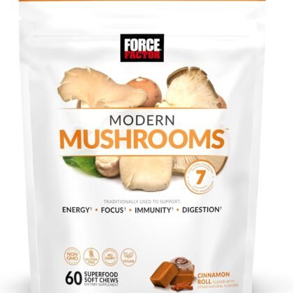 Force Factor Modern Mushrooms Soft Chews, Mushroom Supplement with Lions Mane, Turkey Tail, & Cordyceps to Support Energy, Focus, Immunity, & Digestion, Cinnamon Roll, 60 Soft Chews