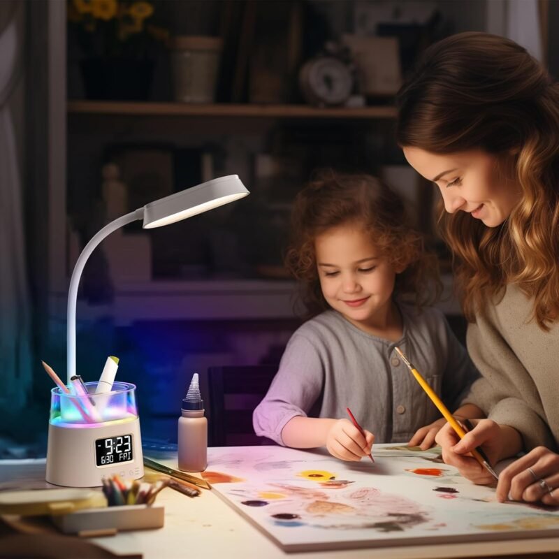 WILIT LED Desk Lamps for Home Office with Pen Holder, Table Lamp for Bedroom with USB Charging Port & Clock, RGB Night Light, Study Lamp for Kids Student, Desk Lamp for College Dorm Room Essentials - Image 8