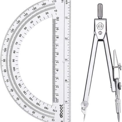 EBOOT Student Geometry Math Set, Drawing Compass and 6 Inch Clear Swing Arm Protractors 180 Degree Math Protractor (Argent, Classic)
