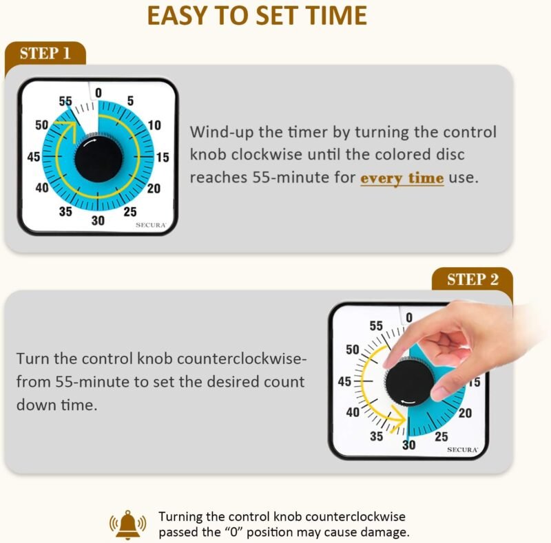 Secura 60-Minute Visual Countdown Timer, 7.5-Inch Oversize Classroom Visual Timer for Kids and Adults, Durable Mechanical Kitchen Timer Clock with Magnetic Backing (Blue) - Image 2
