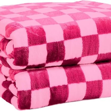 FY FIBER HOUSE Checkered Flannel Fleece Throw Blanket Soft Cozy Checkerboard Grid Print Chessboard Gingham Pattern Blankets for Bed Couch Sofa, 40"x50", Hot Pink