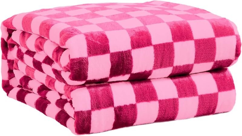 FY FIBER HOUSE Checkered Flannel Fleece Throw Blanket Soft Cozy Checkerboard Grid Print Chessboard Gingham Pattern Blankets for Bed Couch Sofa, 40"x50", Hot Pink