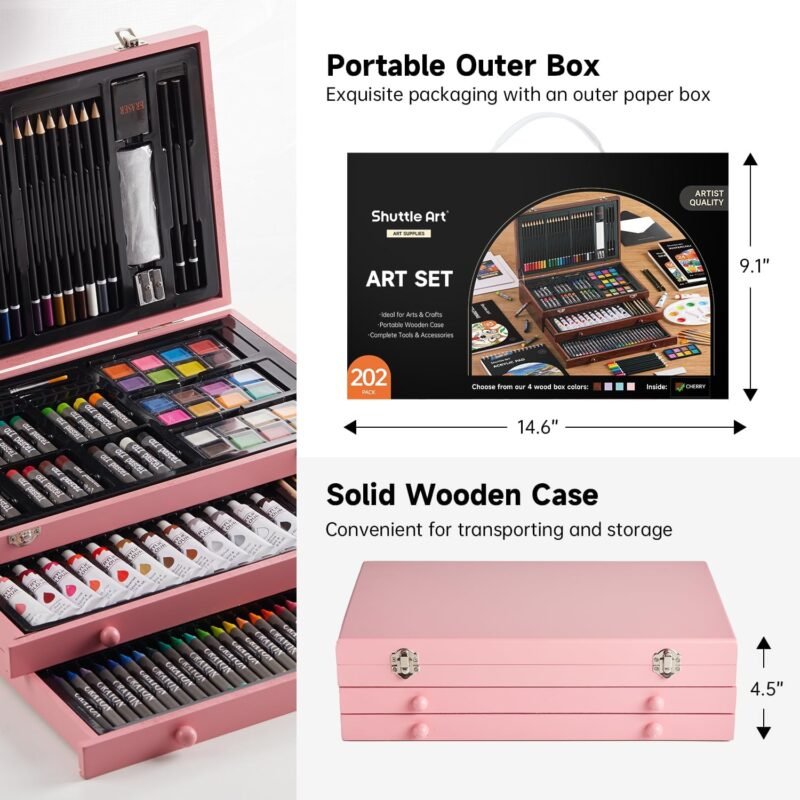 Shuttle Art Deluxe Gift Art Kit, 202-Piece Wooden Art Supplies Set with 4 Drawing Pads, Canvases, Coloring Sheets, Acrylic Paint, Crayons, Oil Pastels, Colored Pencils for Kids - Image 7