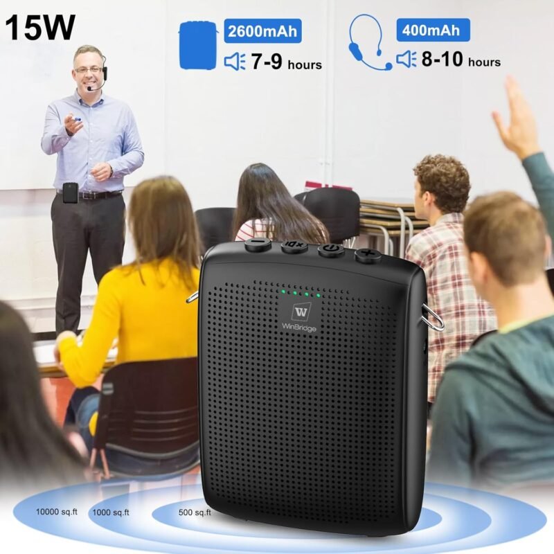 WinBridge Wireless Voice Amplifier for Teachers with Bluetooth Headset Microphone and Waistand, Bluetooth Voice Amplifier, Portable Meagaphone Speaker Mic, Back to Shool Supplies, 15W|1500mAh WB002 - Image 3