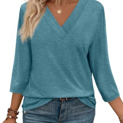 WIHOLL 3/4 Length Sleeve Womens Tops V Neck Casual Tunic Tops Basic Shirts Loose Fit Blouse