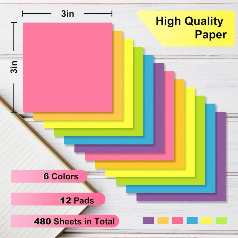 OHOME Sticky Notes - 12 Pads, 3”x3” - Colorful Self-Stick Post Notes Bulk - Office Desk Accessories | Teacher Classroom Must Haves,Aesthetic School Supplies for Home,Stocking Stuffers for Women - Image 2
