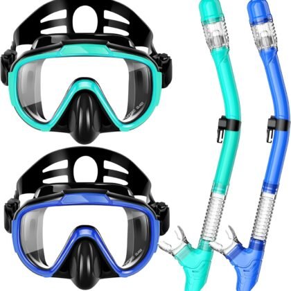 Snorkeling Gear for Adults, Dry Top Snorkel Set with Panoramic Anti-Leak and Anti-Fog Tempered Glass Lens, Adjustable Snorkeling Set for Scuba Diving Swimming Training Snorkel Kit