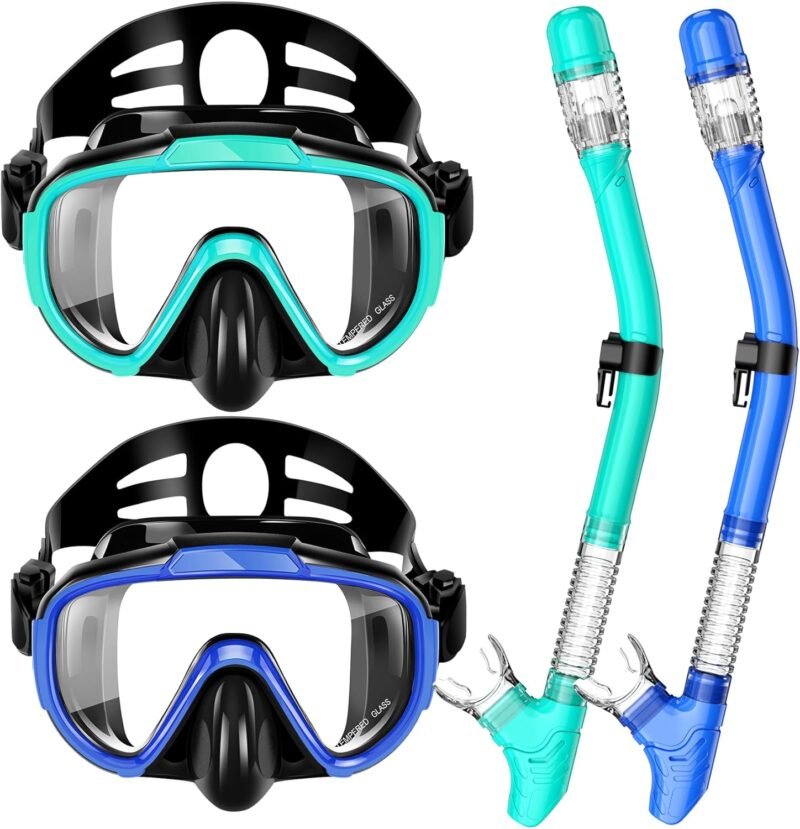Snorkeling Gear for Adults, Dry Top Snorkel Set with Panoramic Anti-Leak and Anti-Fog Tempered Glass Lens, Adjustable Snorkeling Set for Scuba Diving Swimming Training Snorkel Kit