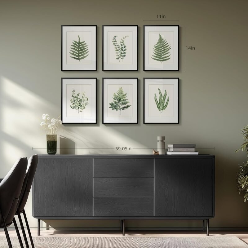Framed Green Nature Botanical Wall Art, Set of 6 Minimalist Plant Leaf Painting Prints Artwork, Natural Fern Leaves Picture for Modern Farmhouse Living Room Bedroom Bathroom Kitchen Home Decor, 11x14 - Image 8