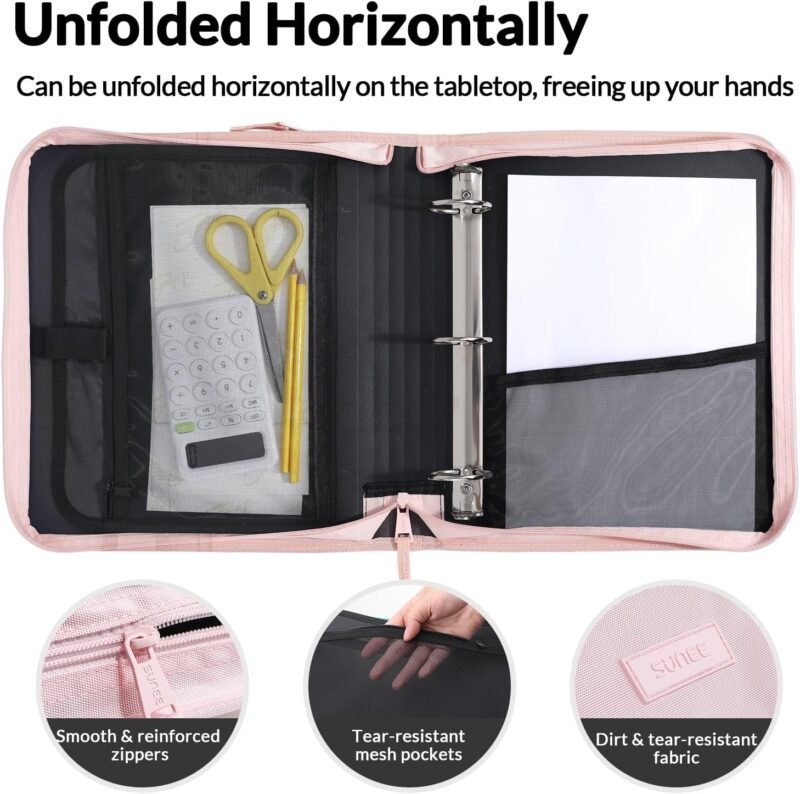 SUNEE Zippered Binder Bag with Handle, 2-Inch 3-Ring O-Ring, 500-Sheet Capacity, Includes Zip Pocket, 5-Tab Expanding File Folder, Multi-Pocket Organizer Binder for Middle School, Pink Lotus - Image 4