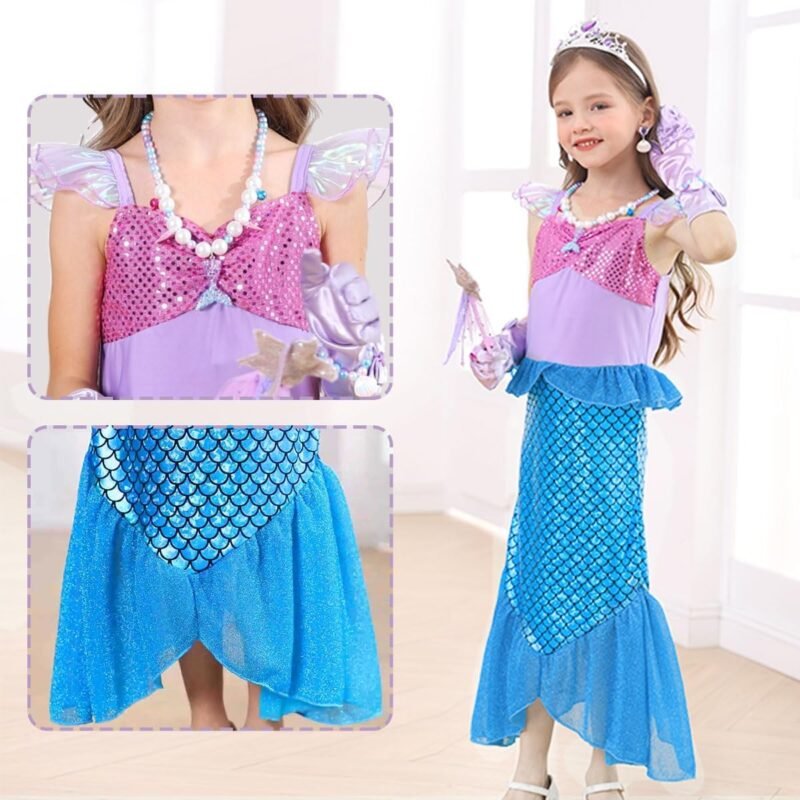 Little Girls Mermaid Costume Princess Dress Up Ariel Outfits with Accessories Wig Birthday Party Halloween Cosplay - Image 5