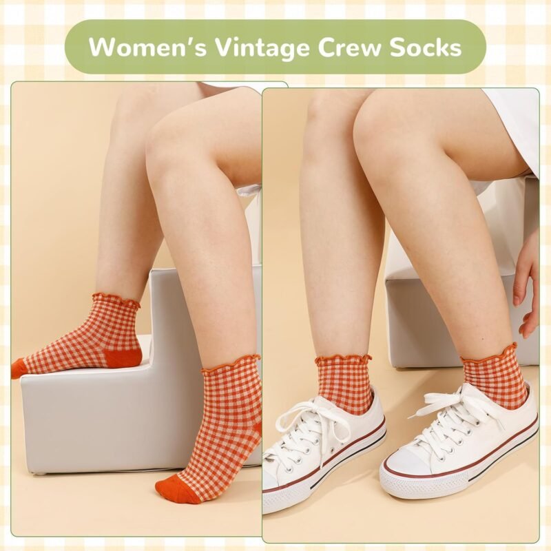6 Pairs Women Ruffle Socks Striped Frilly Socks, Women Cute Socks Checkered Socks Ankle Socks for Women Cotton Knit Casual Crew Socks Size 5-9, Medium - Image 4
