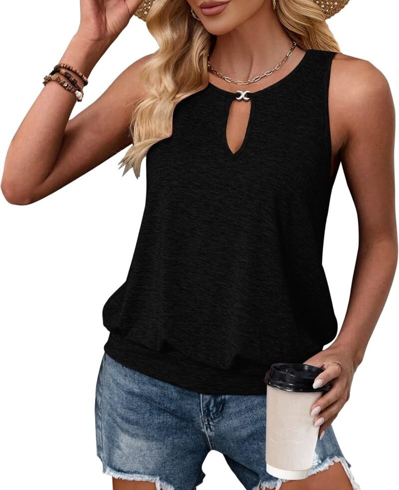 Summer Tank Tops for Women 2025 Metal Buckle Round Neck Sleeveless Fashion Loose Cute Tops Henley Shirts for Women's - Image 3