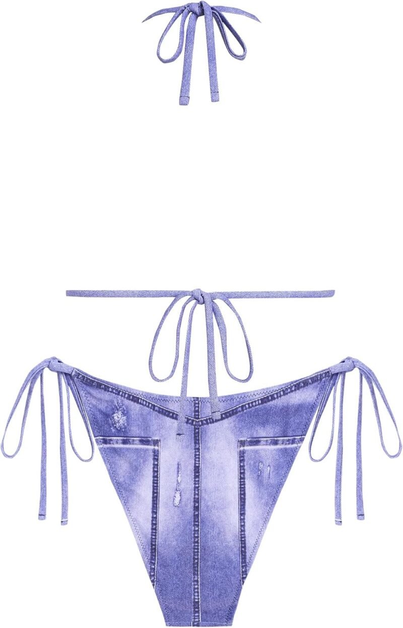 ZAFUL Bikini Sets for Women Denim Print Halter Neck Two Piece Swimsuits Sexy Open Back Triangle High Cut Thong Bathing Suit - Image 8