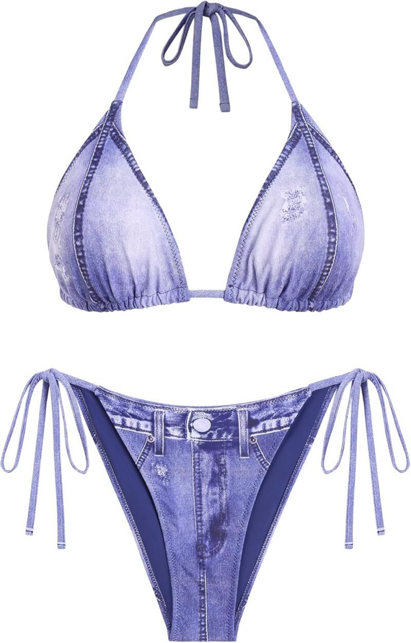 ZAFUL Bikini Sets for Women Denim Print Halter Neck Two Piece Swimsuits Sexy Open Back Triangle High Cut Thong Bathing Suit - Image 2