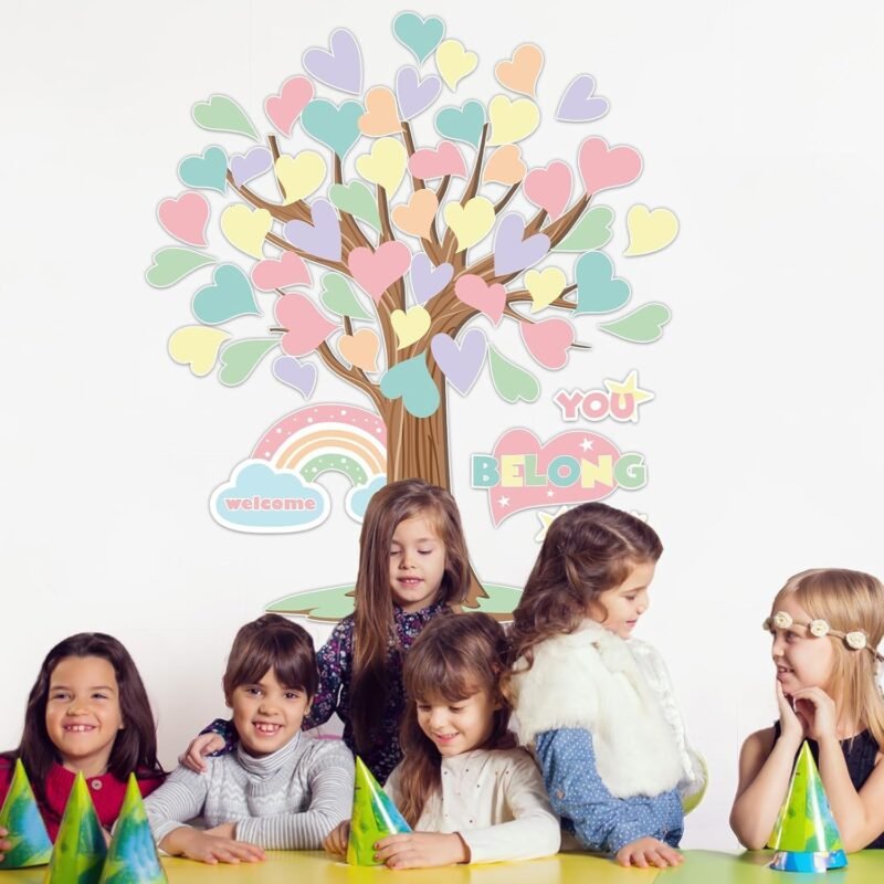 Pastel Tree Bulletin Board Classroom Decoration Welcome Back to School Bulletin Board Sets You Belong Here Heart Rainbow Cutouts for Summer Teacher School Nursery Home Classroom Chalkboard Wall Decor - Image 7