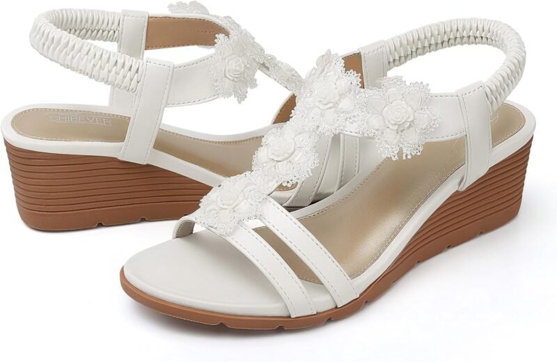 SHIBEVER Womens Sandals Wedge Flower: Open Toe Elastic Ankle Strap Wedge Sandal - Dressy Sandals Women - Comfortable Summer Bohemia - Image 6