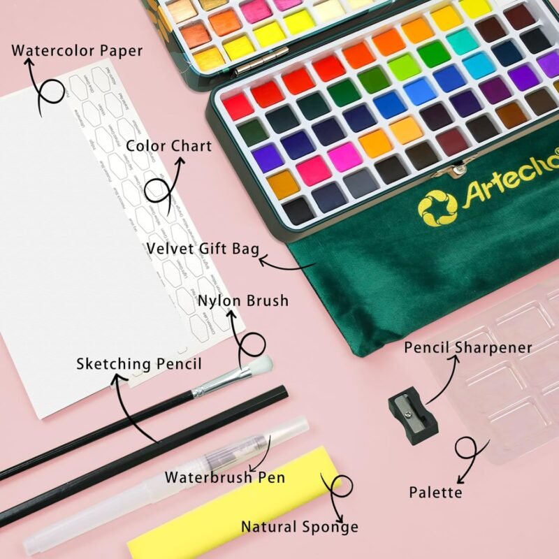 Artecho Watercolor Paint Set 100 Colors with Metallic in Portable Box, Paint Kit with Watercolor Papers and Brushes, Water Color Set for Beginners & Professionals - Image 3