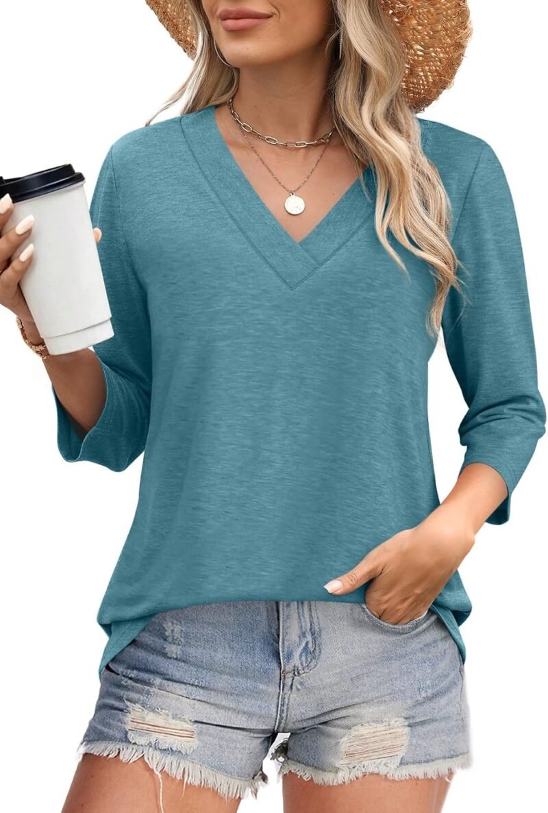 WIHOLL 3/4 Length Sleeve Womens Tops V Neck Casual Tunic Tops Basic Shirts Loose Fit Blouse - Image 2