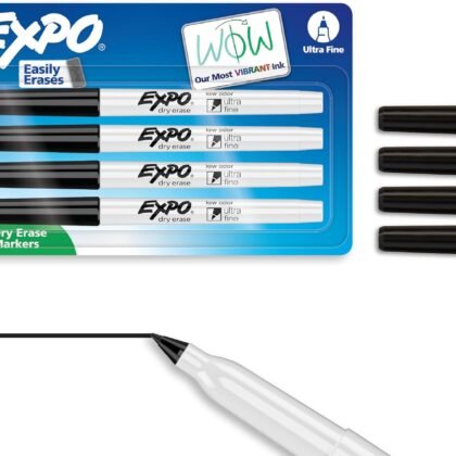 Expo Low-Odor Dry Erase Markers, Ultra-Fine Tip, Black, 4 Count