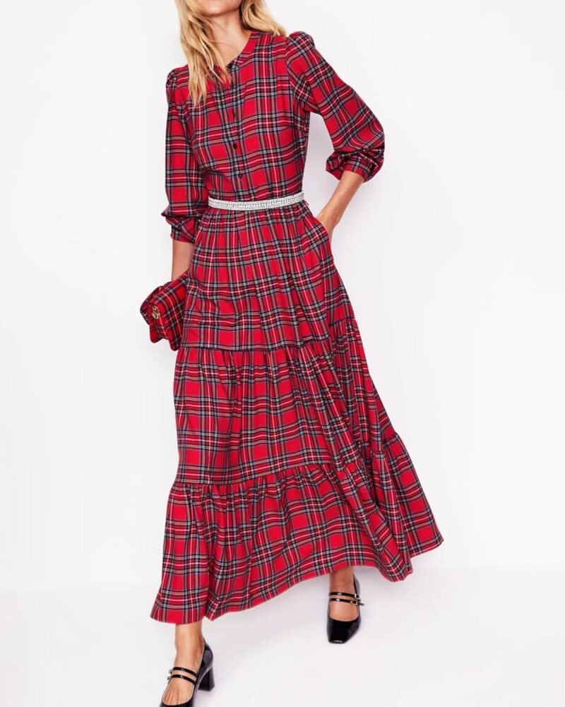 Women's Plaid Maxi Dress Button Up Tiered Ruffle Flowy Check Dresses Chirstmas Tartan Long Dress with Tie Belt - Image 2