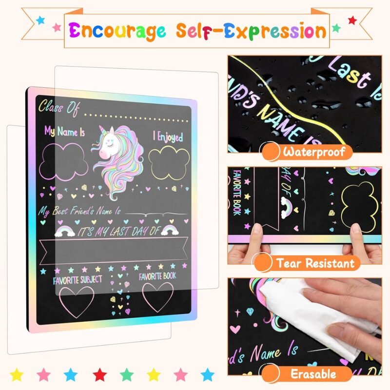 Double Sided First & Last Day of School Chalkboard Sign, 10" x 12" Reusable School Board, Colorful Photo Prop, Teacher Gift, Preschool to 12th Grade(Unicorn) - Image 3