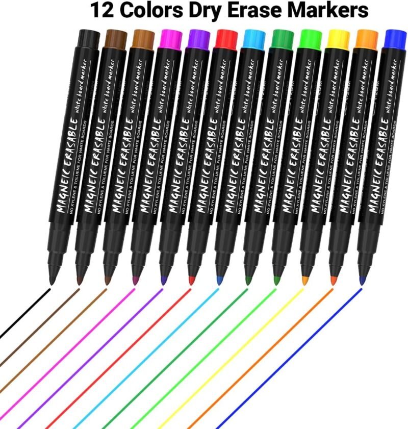 Magnetic Dry Erase Markers Fine Point Tip, 12 Colors White Board Markers Dry Erase Marker with Eraser Cap, Low Odor Whiteboard Markers Thin Marking for Kids Teachers Office School Supplies - Image 7