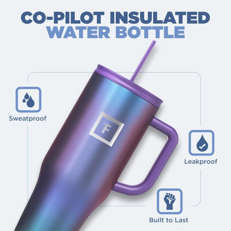 IRON °FLASK Co-Pilot Insulated Mug w/Straw & Flip Cap Lids - Cup Holder Bottle for Hot, Cold Drink - Leak-Proof - Water, Coffee Portable Travel Mug - Aurora, 40 Oz - Image 2