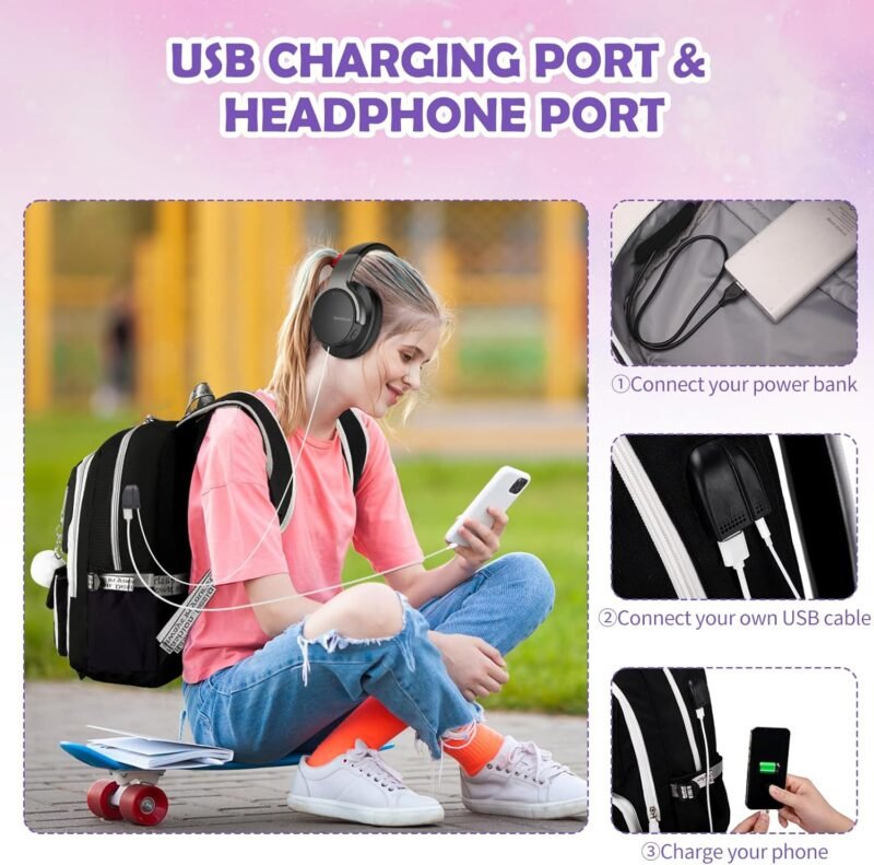 Backpacks for Girls, Girls Backpack with Lunch Box and Pencil Case for Teen Kids Elementary Middle High School College Student, Children School Backpack Bookbag with USB Charging Port (Black) - Image 5