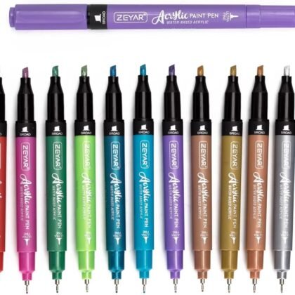ZEYAR Acrylic Paint Pen, Needle Extra Fine and Chisel Point, 12 Metallic Colors, Waterproof Ink, Works on Rock, Wood, Glass, Metal, Ceramic and More
