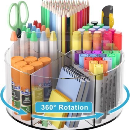 Acrylic Pen Holder for Desks, Acrylic Desk Organizer Clear, 360 Degree Pencil Holder for Desk Kids, Rotating Desk Organizer Rotating Pen Holder for Desk, Art Supply Storage Organizer 6 Compartments