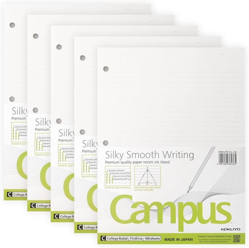 ​​Kokuyo Campus Loose Leaf Paper for 3 Ring Binders, Smooth Writing Lined Paper, 500 Sheets, 11” x 8-1/4”, College Ruled, Bleeding-Resistance, School Suppliers, Made in Japan (WSG-NO-887G1)