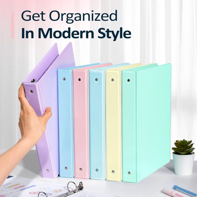 6 Pack Extra Durable 3 Ring Binders 1 inch, Sooez 1” Three Round Ring Binders with Pockets, Cute Customizable Clear View Cover for 8.5 x 11'' Letter Size Papers, Pastel School Office Supplies for Girl - Image 7