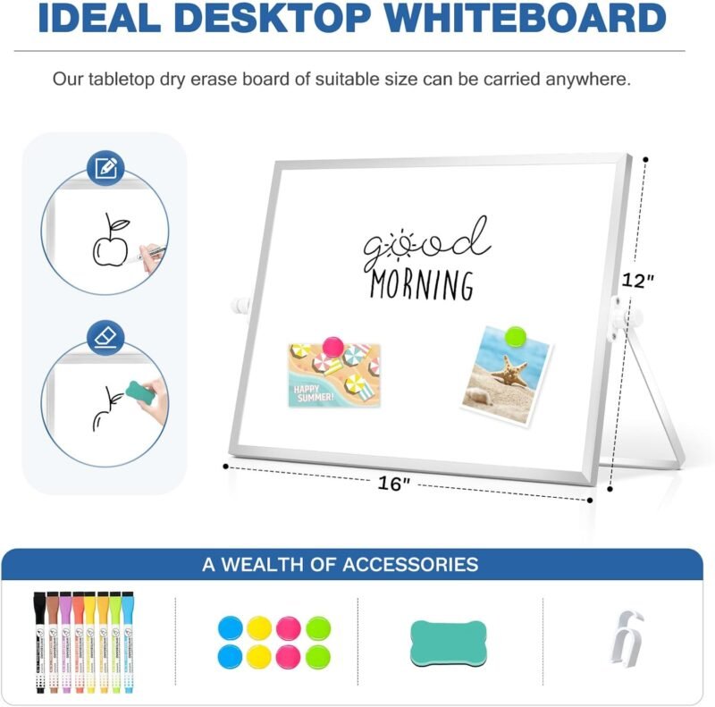 DOLLAR BOSS Small White Board with Stand Double-Sided 16" x 12" Magnetic Desktop Dry Erase Board Portable Whiteboard Easel for Desk Home Office School 8 Markers 8 Magnets 1 Eraser, Silver - Image 2