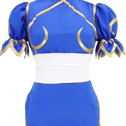 DAZCOS Women's US Size Game Fighter Cosplay Costume Blue Cheongsam with Hair Accessories and Waistband Halloween Costume
