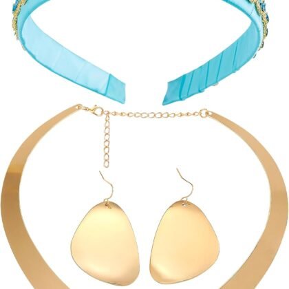 Arabian Princess Costume Accessories, Arab Princess Accessories Set with Princess Headband Gold Chunky Choker Necklace Earrings for Women Girls for Halloween Cosplay (4PCS)