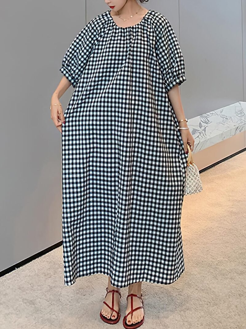 chouyatou Women's Casual Gingham Loose-Fit Swing Dress Cotton Lantern Puff Sleeve Plaid Midi Long Dress - Image 4
