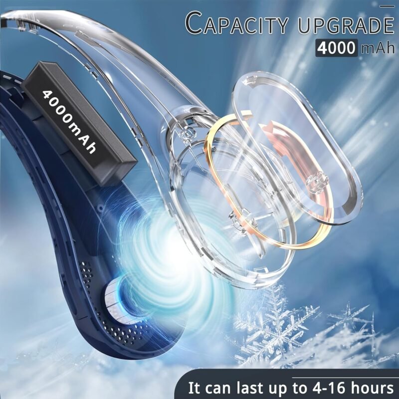 Neck Fan, USB Rechargeable Personal Fan, 4000 mAh Battery Operated, 3 Speeds Adjustable, Faster Cooling, Ultra Quiet, Suitable for Home, Office, Travel, Sports - Image 4