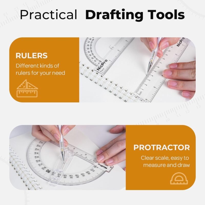 Nicpro 22 PCS Compass Geometry Tools with Case, Drafting Tools Geometry Set with Swing Arm Protractor, Rulers, Metal Compass, Divider, Square Set, Pencil, Drawing Supplies for Kids Student School Math - Image 4