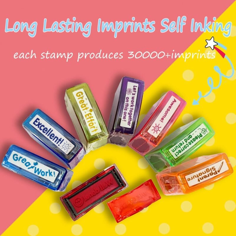 Teacher Stamps for Grading Classroom,Parent Signature Self-Inking Teacher Stamp Set School Supplies Stamps for Homework Reward with 8 pcs Classroom Supplies for School Elementary(Rainbow) - Image 4