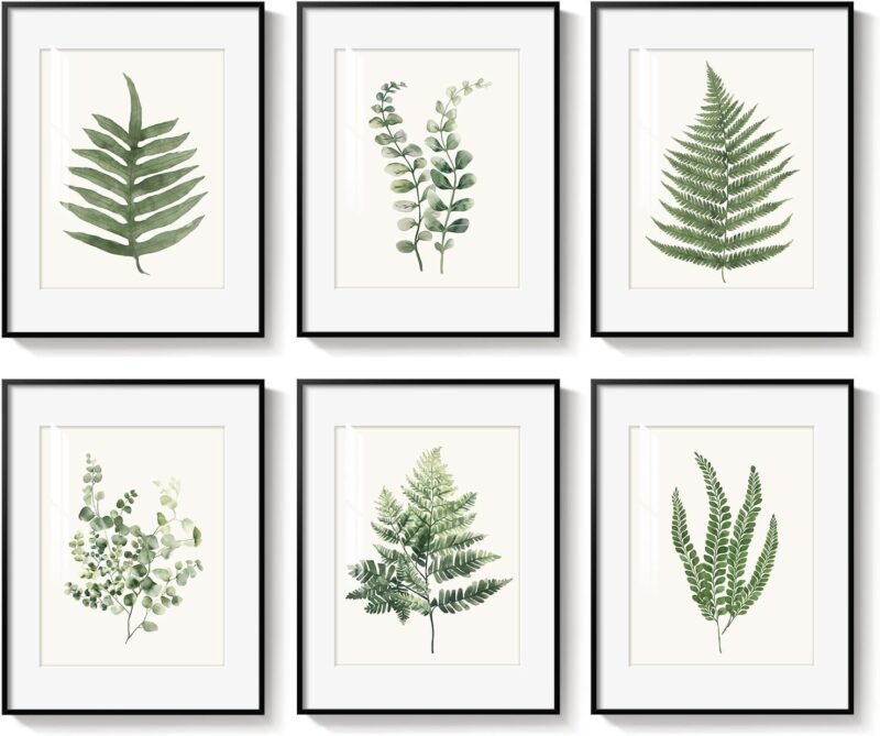 Framed Green Nature Botanical Wall Art, Set of 6 Minimalist Plant Leaf Painting Prints Artwork, Natural Fern Leaves Picture for Modern Farmhouse Living Room Bedroom Bathroom Kitchen Home Decor, 11x14 - Image 9