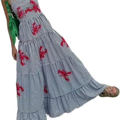 XPONNI Gingham Dress Lobster Summer Maxi Dresses for Women 2024 Shrimp Long Dress Flowy Ruffle Linen Sun Dress