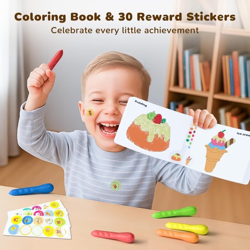 12 Colors Crayons for Kids Ages 4-8 with Coloring Book & Bonus Stickers, Non-Toxic & Washable Triangle Crayons for Toddlers 1-3, Fat Brain Toys for Art Supplies and Ideal Gifts for Kids - Image 8