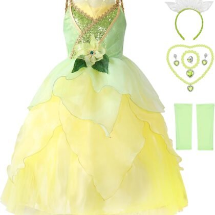 Princess Tiana Costume for Girls - Princess and the Frog Dress With Accessories 3-11 Years