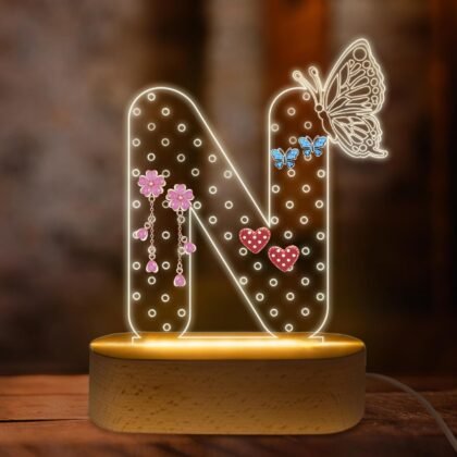 COSHAYSOO Initial Acrylic Earring Holder Organizer for Women Teen Girls with Butterfly Decoration LED Night Light Gifts Personalized Nursery Decor Teacher Nurse Appreciation Jewelry Stand Letter N