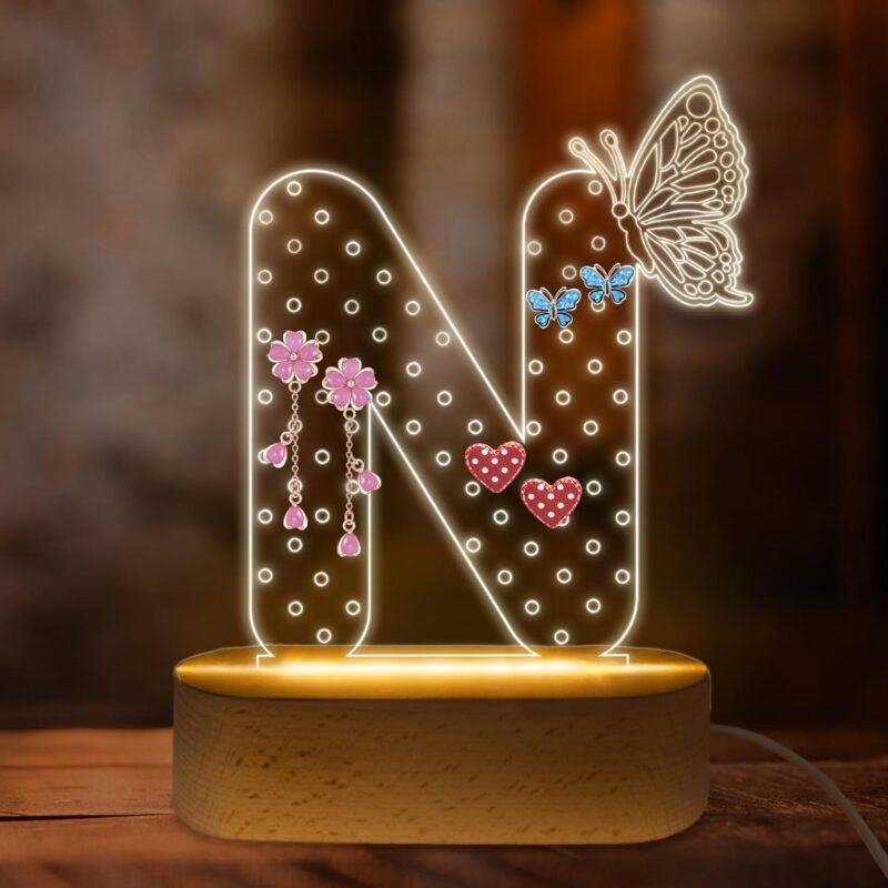 COSHAYSOO Initial Acrylic Earring Holder Organizer for Women Teen Girls with Butterfly Decoration LED Night Light Gifts Personalized Nursery Decor Teacher Nurse Appreciation Jewelry Stand Letter N