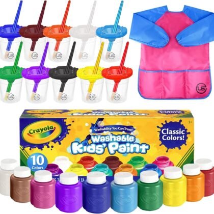 The Mega Deals Kids Painting Set, Washable Paint for Kids with Paint Cups, Toddler Paintbrushes, Waterproof Kid Smock, Non Toxic Washable Finger Paints 2 oz Each, Toddler Painting Supplies