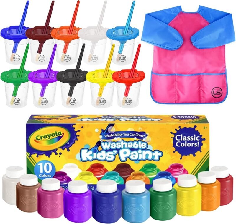 The Mega Deals Kids Painting Set, Washable Paint for Kids with Paint Cups, Toddler Paintbrushes, Waterproof Kid Smock, Non Toxic Washable Finger Paints 2 oz Each, Toddler Painting Supplies